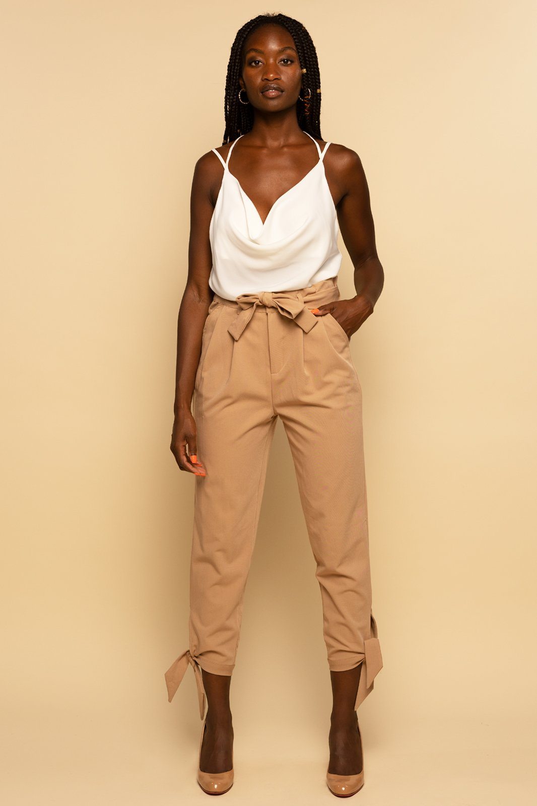 Paperbag Waist Belted Ankle Tie Beige Pant - MEDIUM Paperbag Waist Belted Ankle Tie Beige Pant - MEDIUM