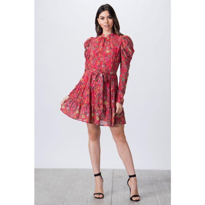 Red Floral Print Mock Neck Mini Dress - MEDIUM Red Floral Print Mock Neck Mini Dress - MEDIUM