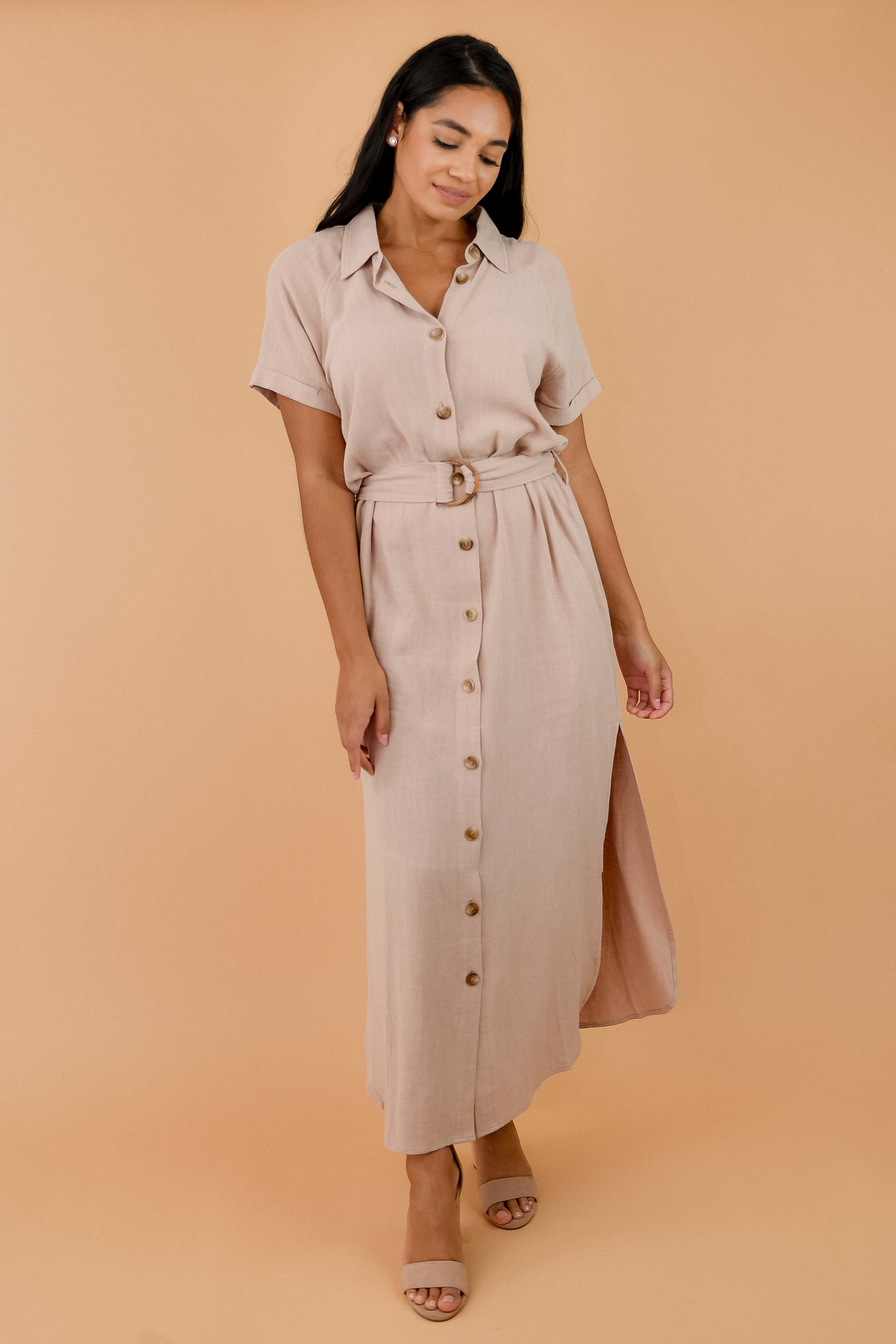 Relaxed Linen Belted Side Slit Shirt Dress - MEDIUM Relaxed Linen Belted Side Slit Shirt Dress - MEDIUM