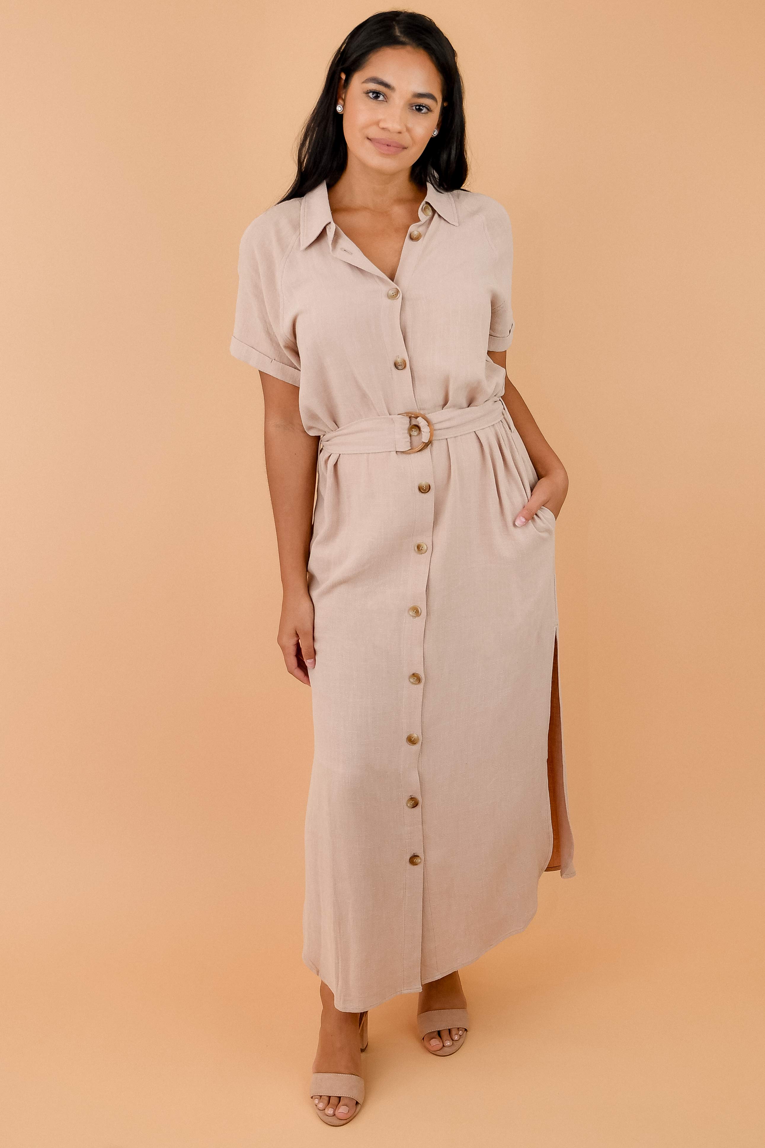 shirt belted dress Relaxed Linen Belted Side Slit Shirt Dress