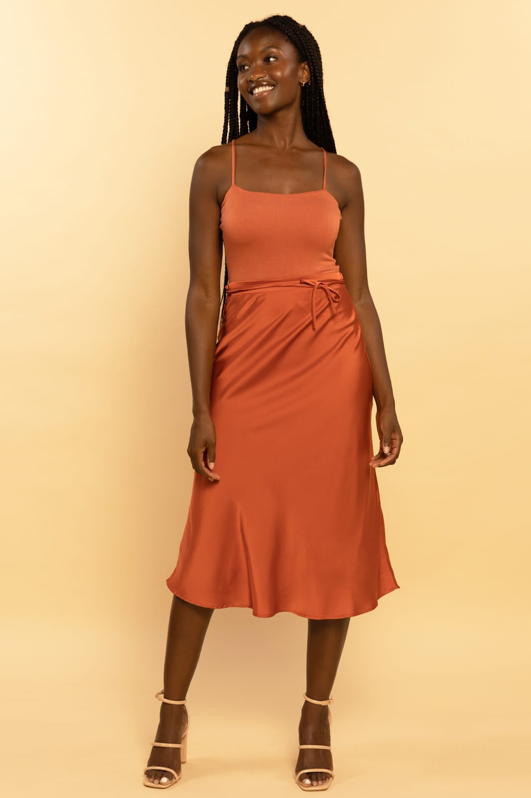 Rust Satin Self-Tie Midi Skirt Rust Satin Self-Tie Midi Skirt