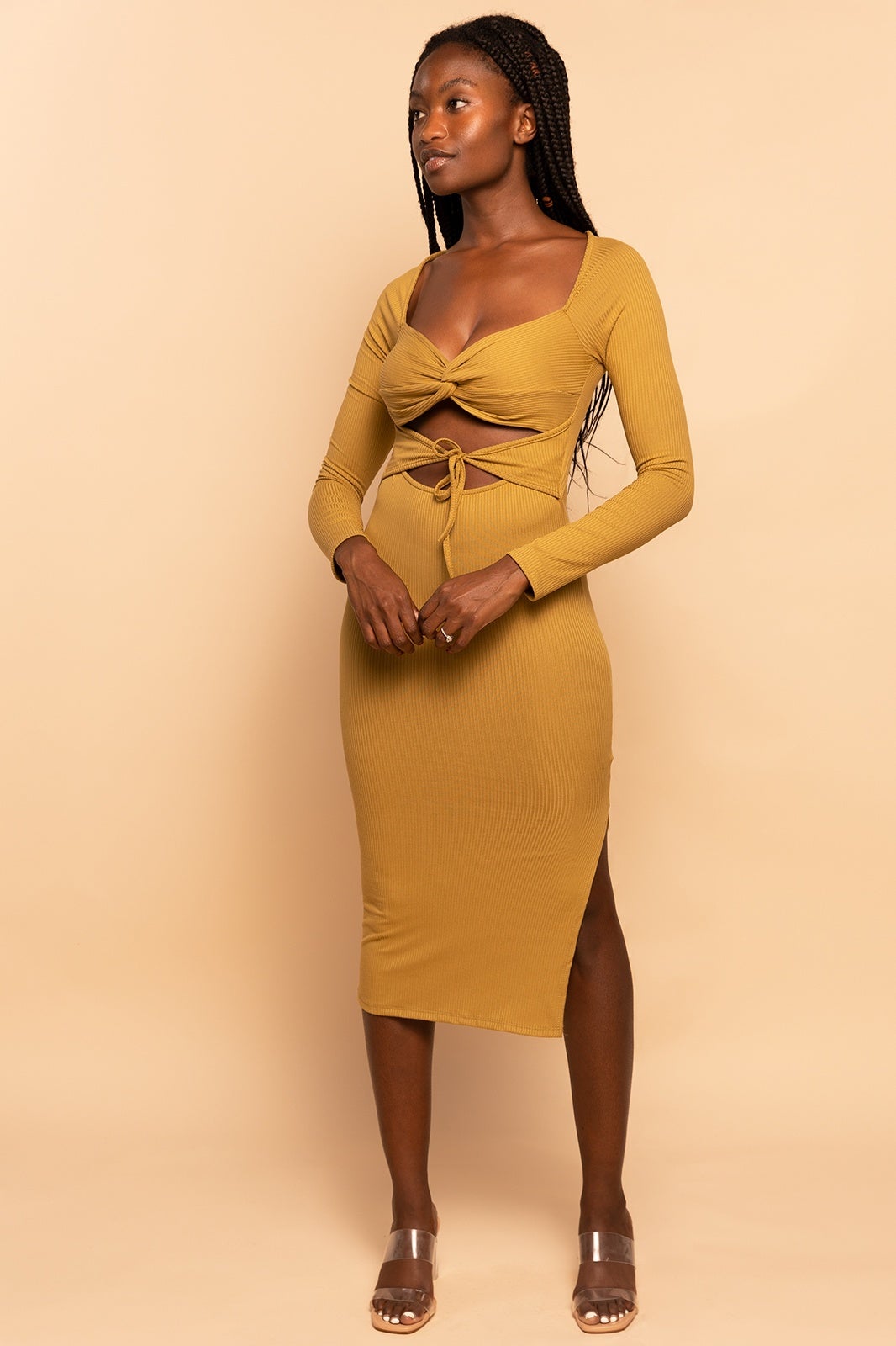 Sage Green Cut Out Tie-Front Ribbed Midi Dress - LARGE Sage Green Cut Out Tie-Front Ribbed Midi Dress - LARGE