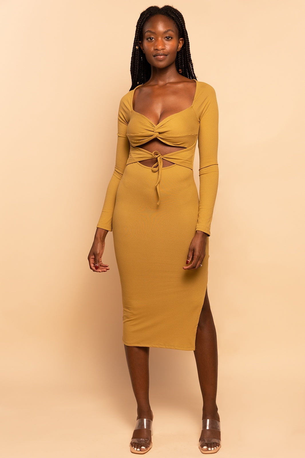Sage Green Cut Out Tie-Front Ribbed Midi Dress - LARGE Sage Green Cut Out Tie-Front Ribbed Midi Dress - LARGE