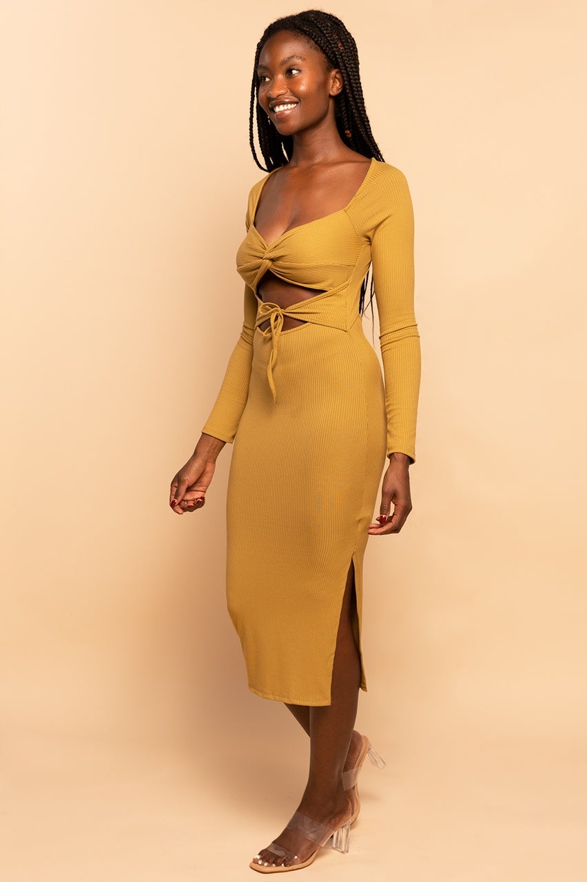 sage green ribbed midi dress Frieda Cowl Neck Side Split Ribbed Midi Dress Sage