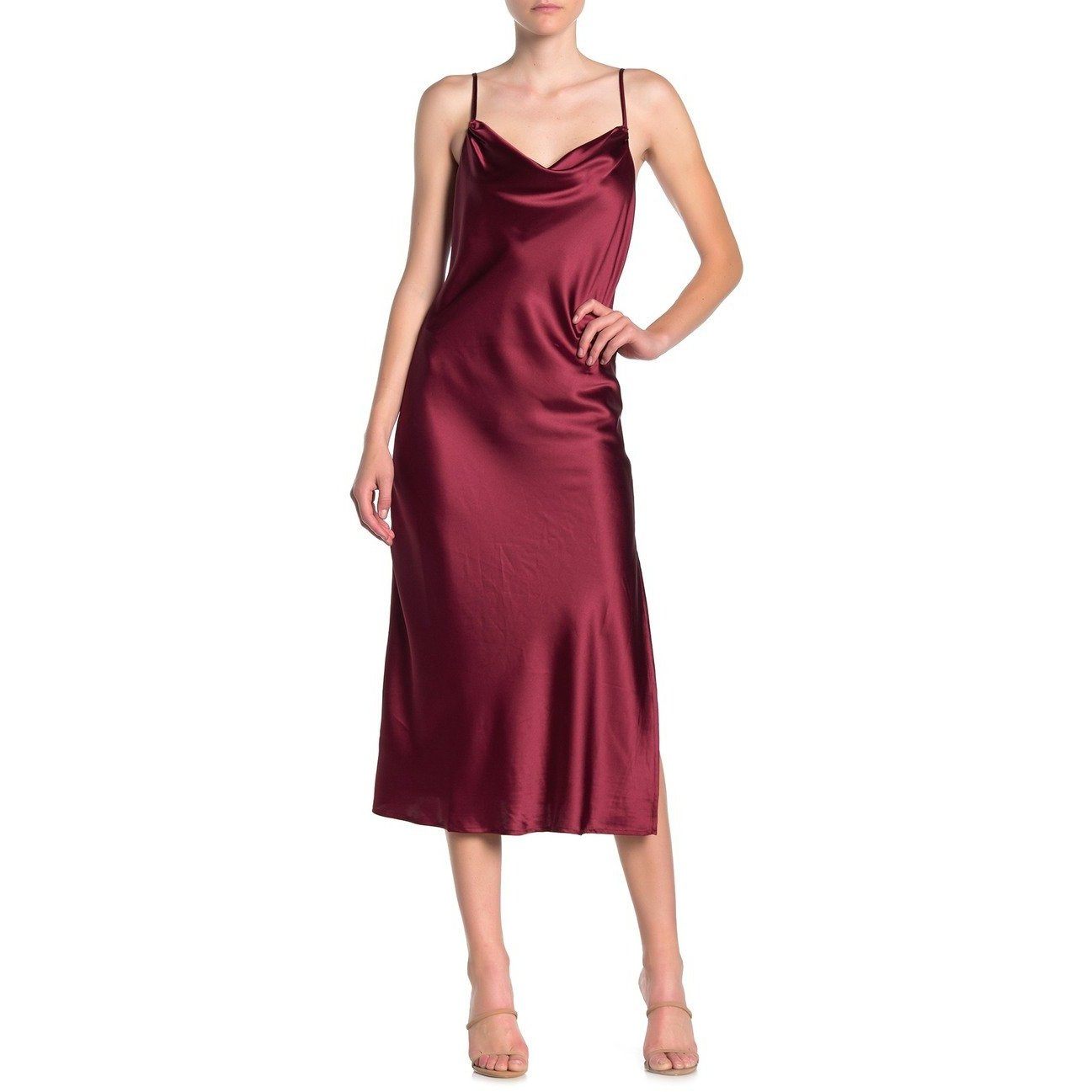 Satin Cowl Neck Slip Midi Burgundy Red Dress Satin Cowl Neck Slip Midi Burgundy Red Dress