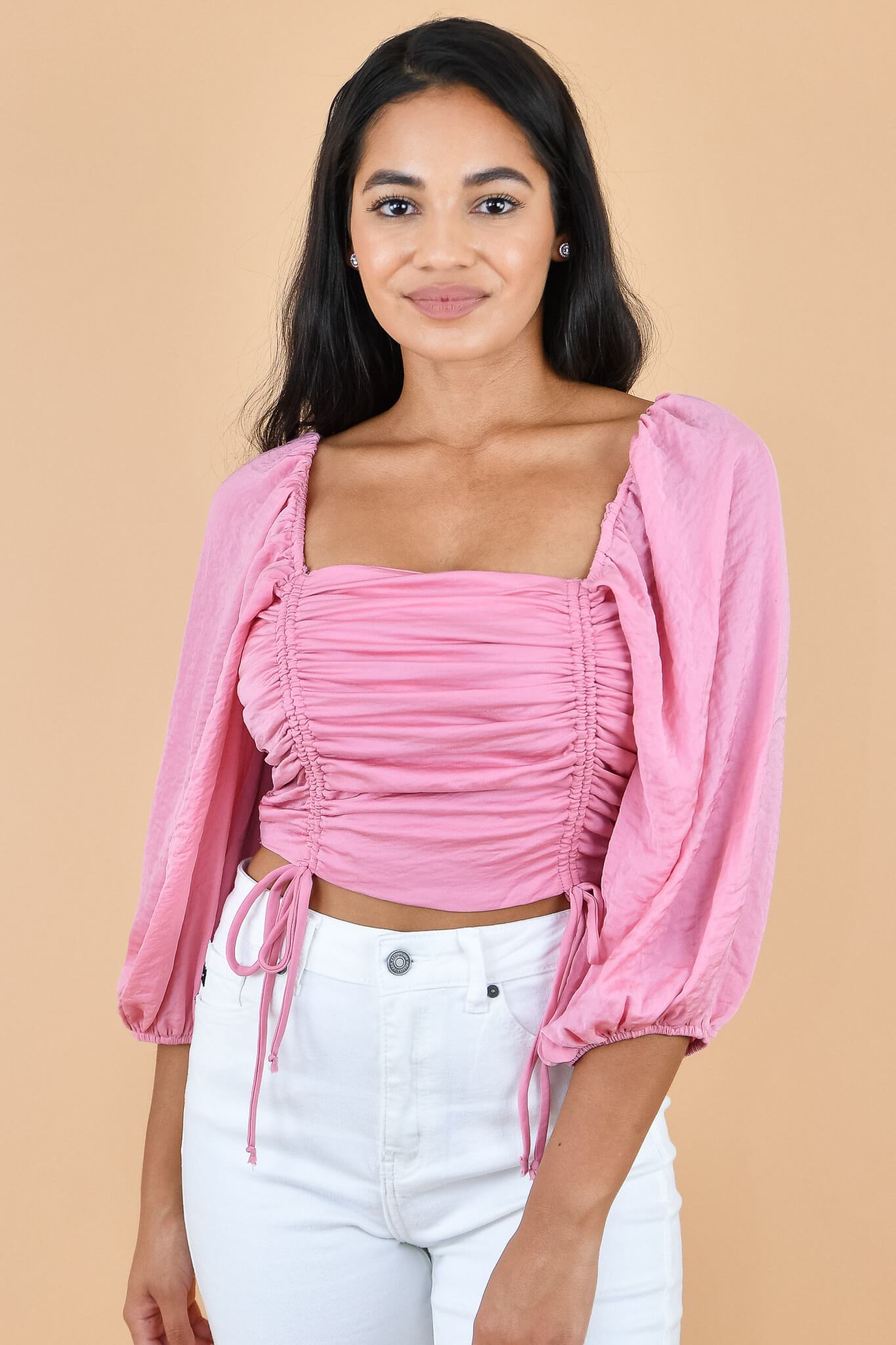 Pink Mesh Top - Drawstring Ruched Top - Long Sleeve Crop Top - Lulus