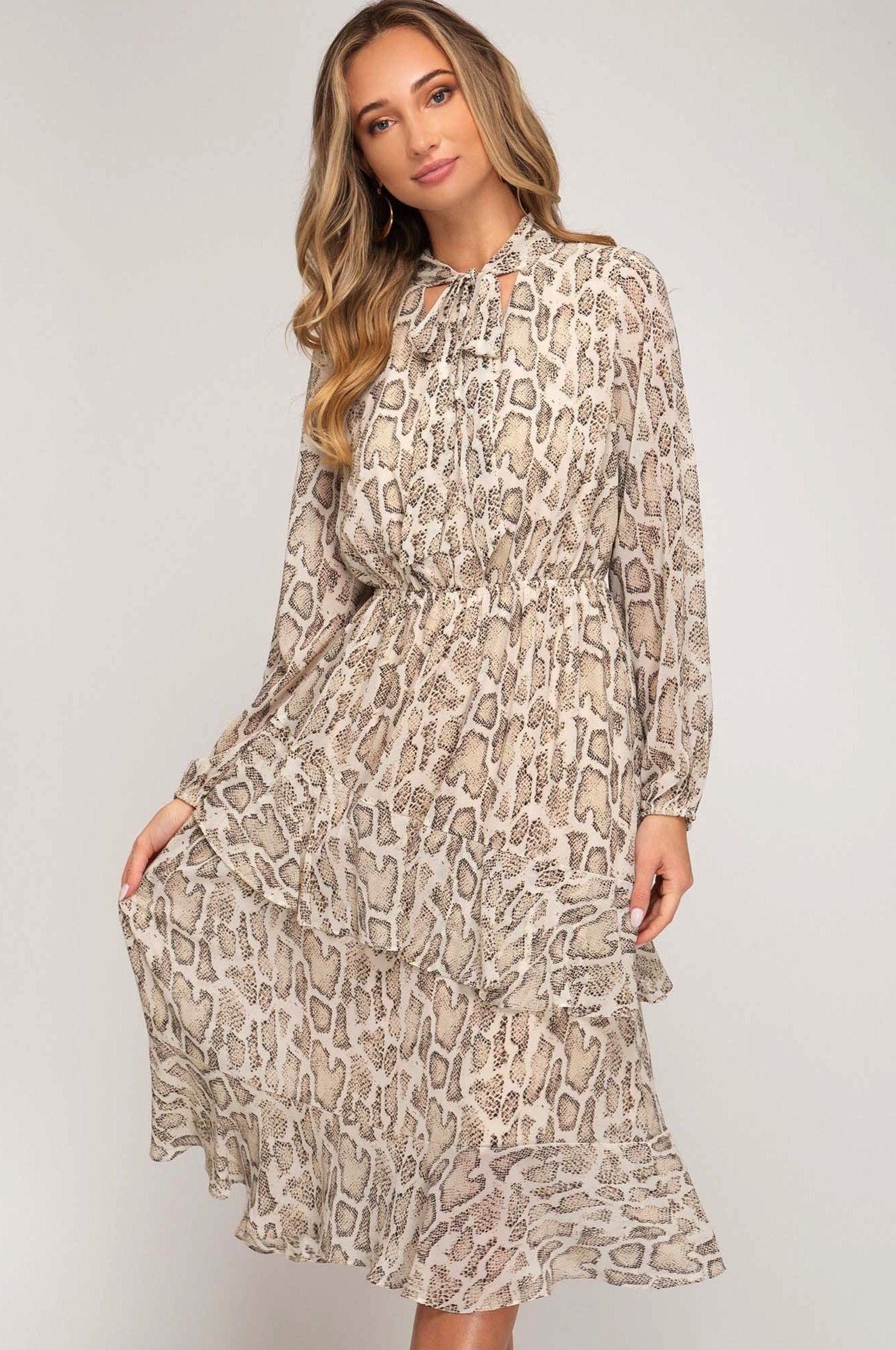 Taupe Snake Skin Print Tie Neck Midi Dress Taupe Snake Skin Print Tie Neck Midi Dress