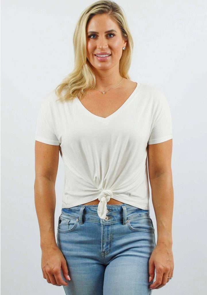 V-Neck Short Sleeve Cropped Tee with Knot Front TOP Elenista 