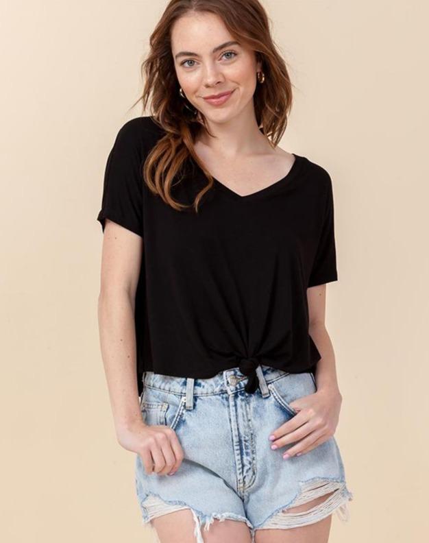 V-Neck Short Sleeve Cropped Tee with Knot Front