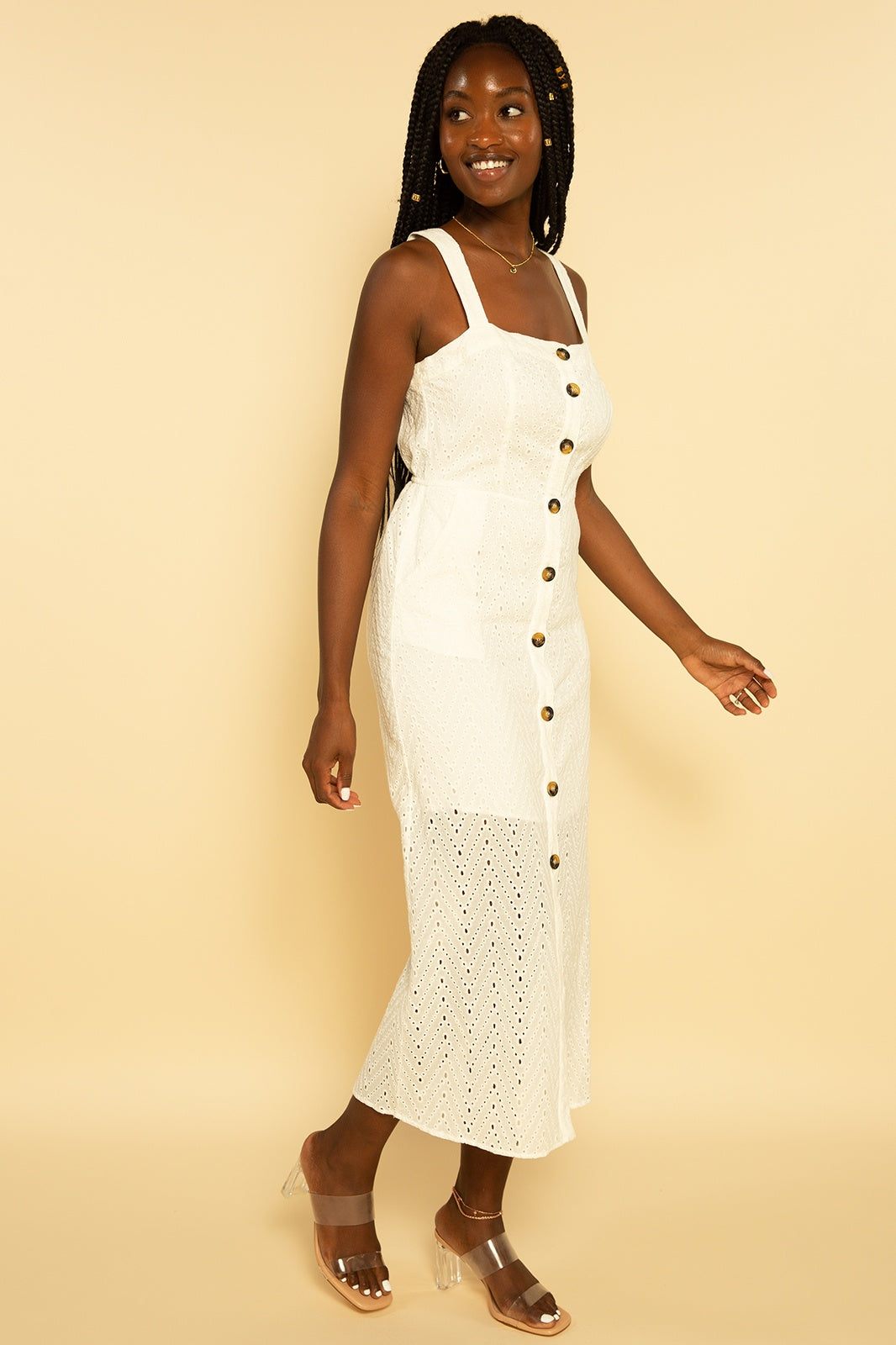 White Eyelet Broderie Button Down Sleeveless Midi Dress - LARGE White Eyelet Broderie Button Down Sleeveless Midi Dress - LARGE