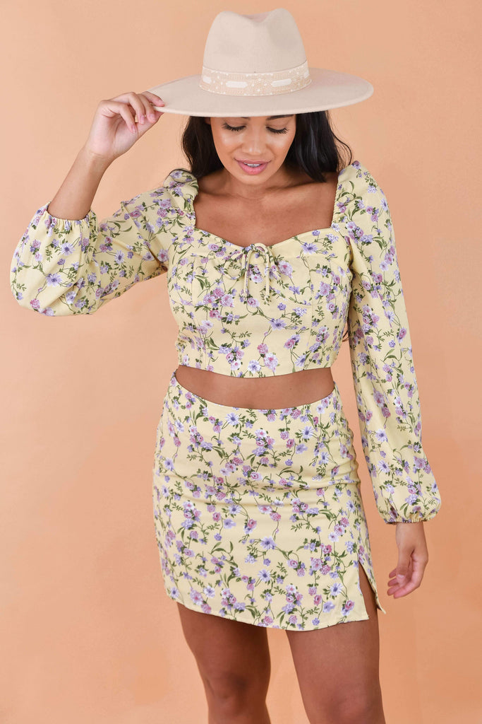 Yellow Floral Two Piece Skirt Set SETS Elenista 
