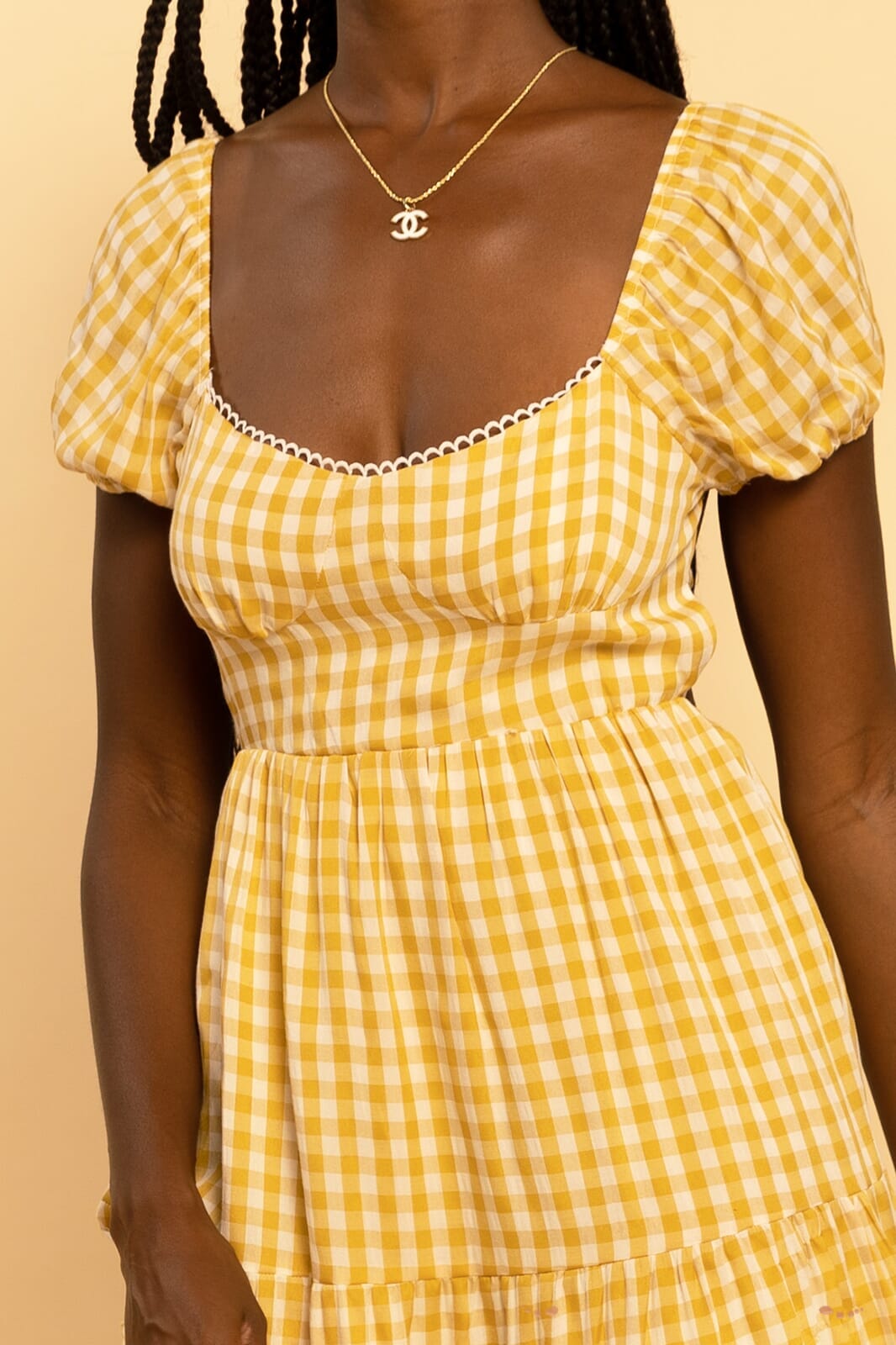 Yellow Gingham Print Sweetheart Tie Back Tiered Maxi Dress - SMALL Yellow Gingham Print Sweetheart Tie Back Tiered Maxi Dress - SMALL