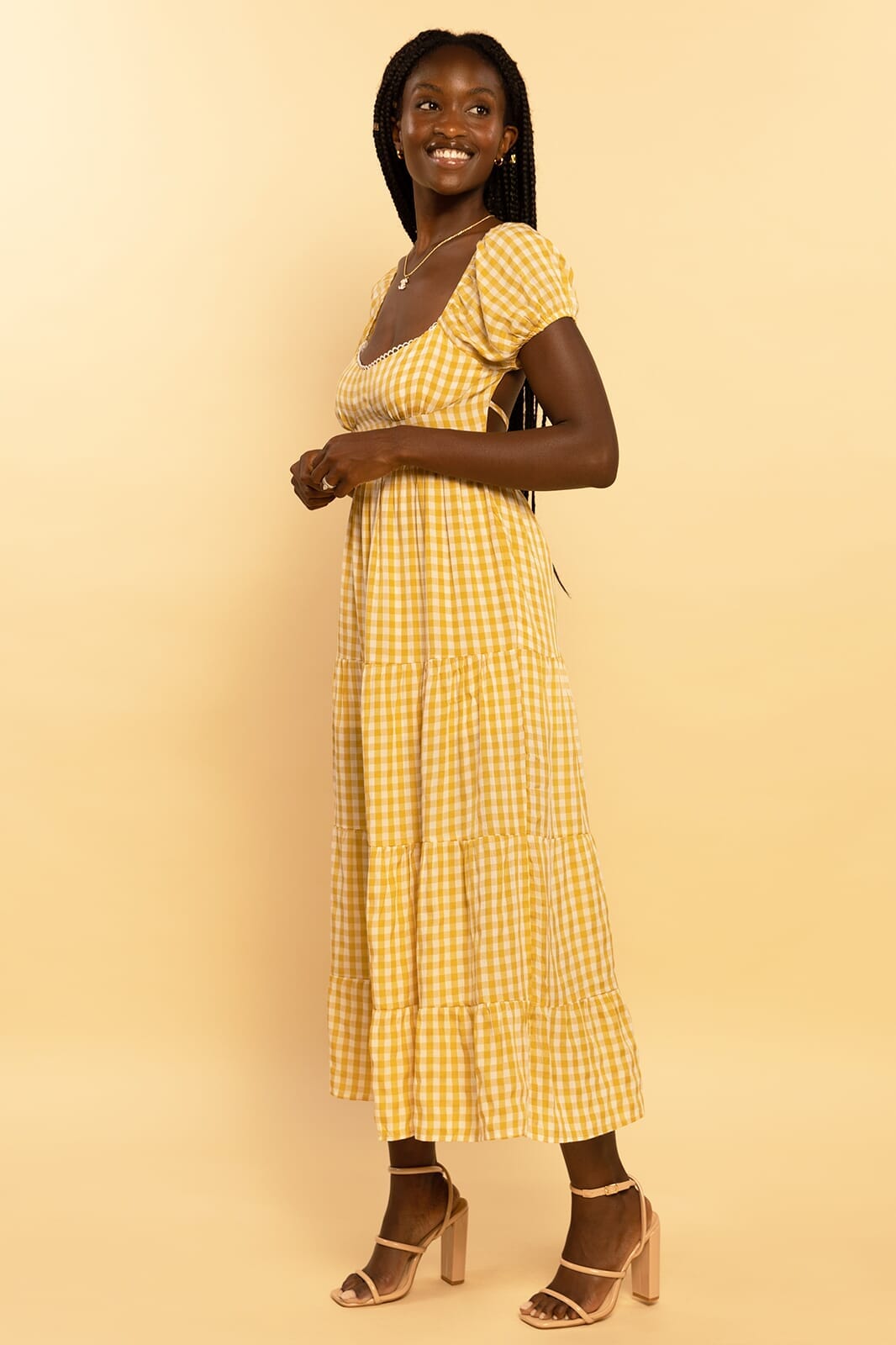 Yellow Gingham Print Sweetheart Tie Back Tiered Maxi Dress SMALL