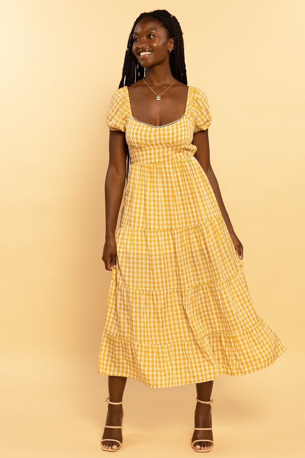 Yellow Gingham Print Sweetheart Tie Back Tiered Maxi Dress - SMALL Yellow Gingham Print Sweetheart Tie Back Tiered Maxi Dress - SMALL