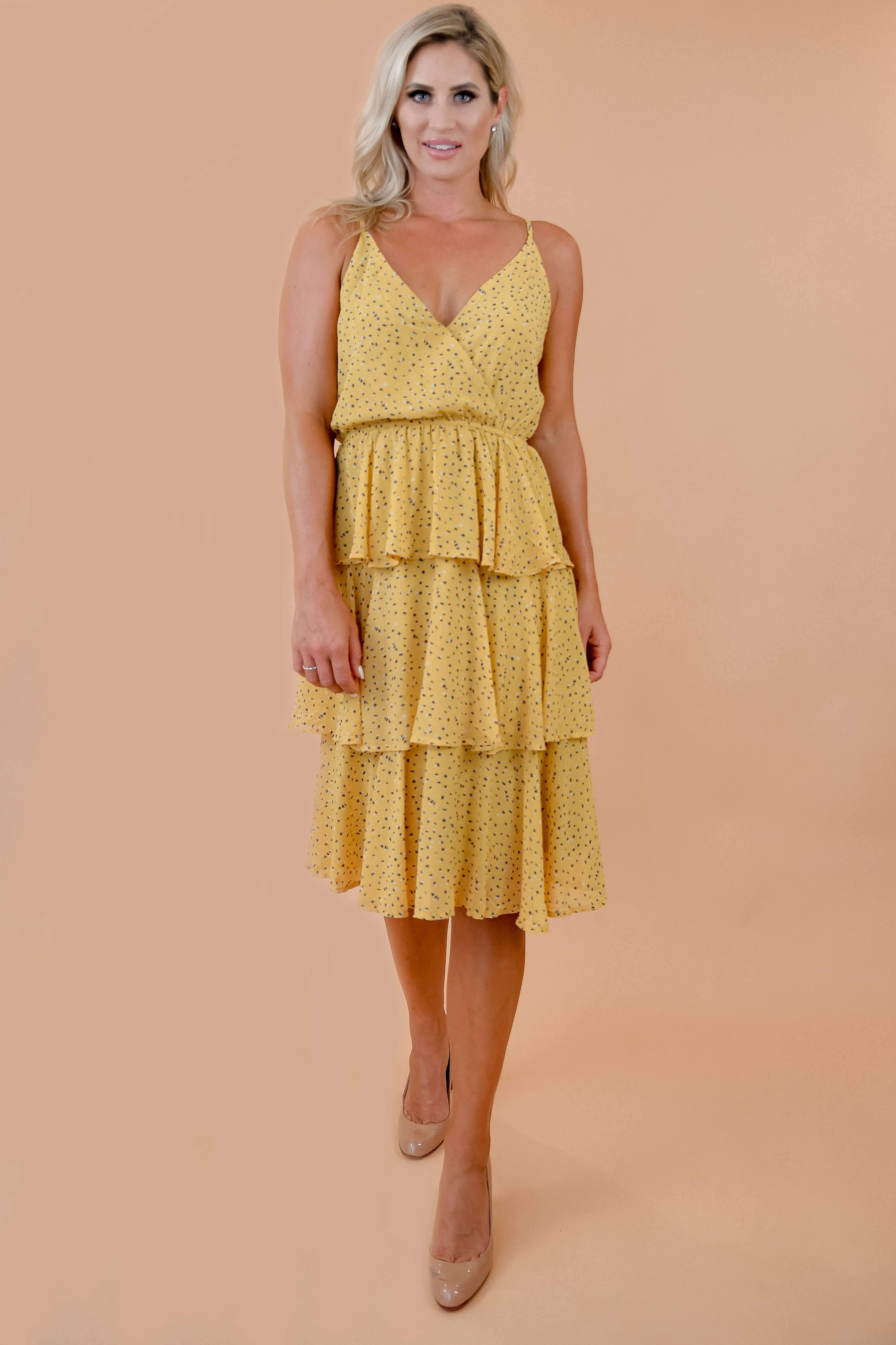 Yellow Printed Surplice Cami Triple Layered Skirt Midi Dress - MEDIUM Yellow Printed Surplice Cami Triple Layered Skirt Midi Dress - MEDIUM